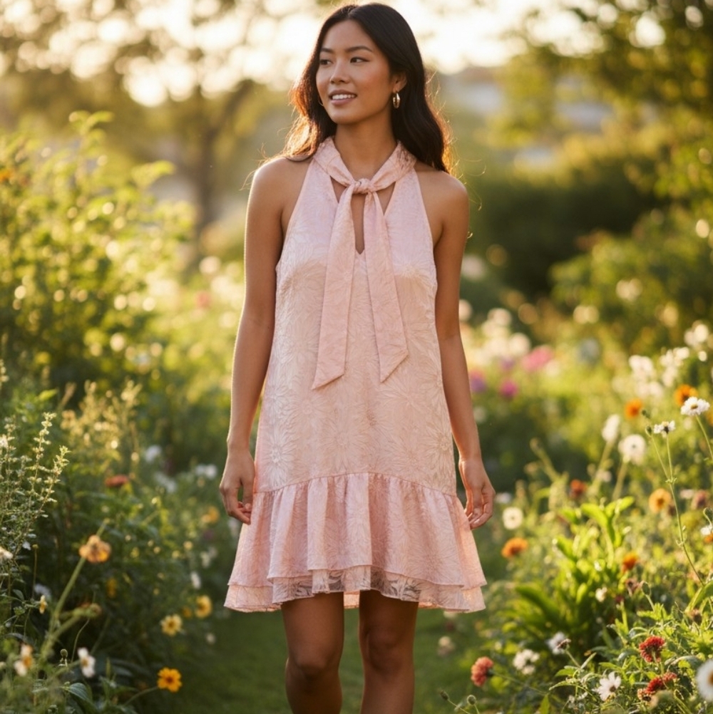 Adrianna Papell Peach Embossed Mock Neck Dress